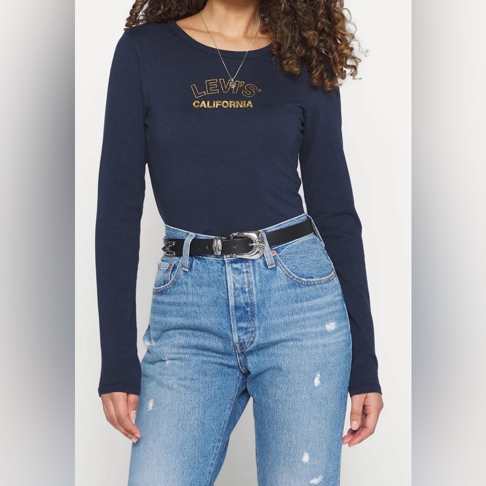 Levi's Navy Long-Sleeve Logo Tee with Gold Lettering